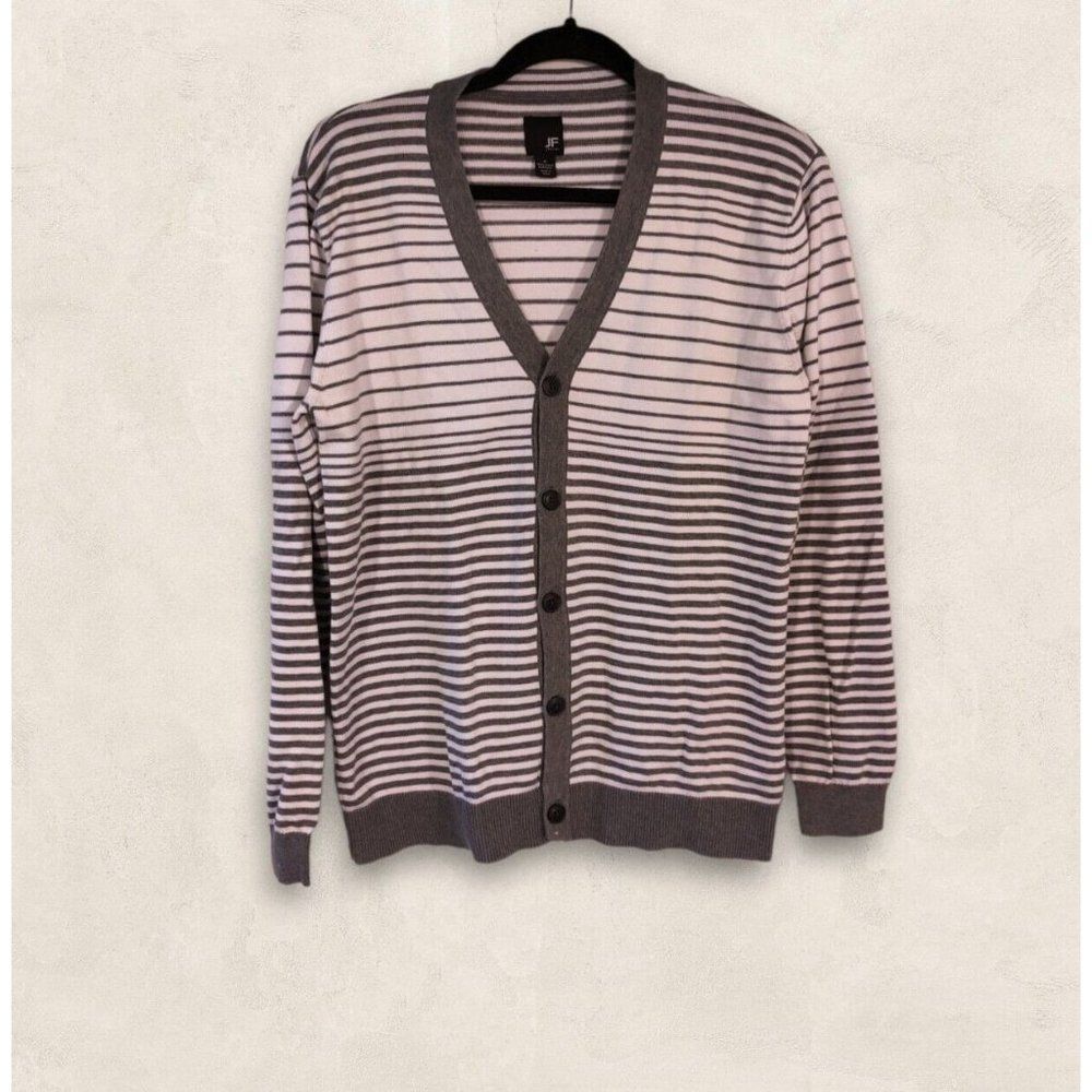 J.F J.Ferrar men’s Cardigan Sweater Gray White Stripe Long Sleeve Cotton M